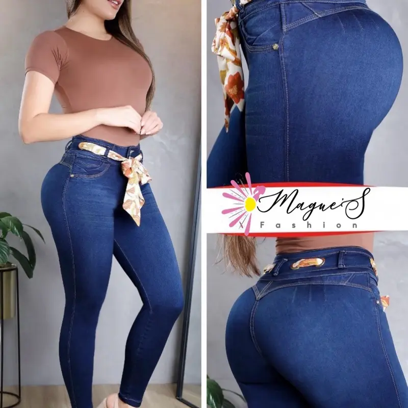 J70-8339-Push Up Colombian Jean High Waist Blue Denim Women's Skinny Jeans with Tummy Control