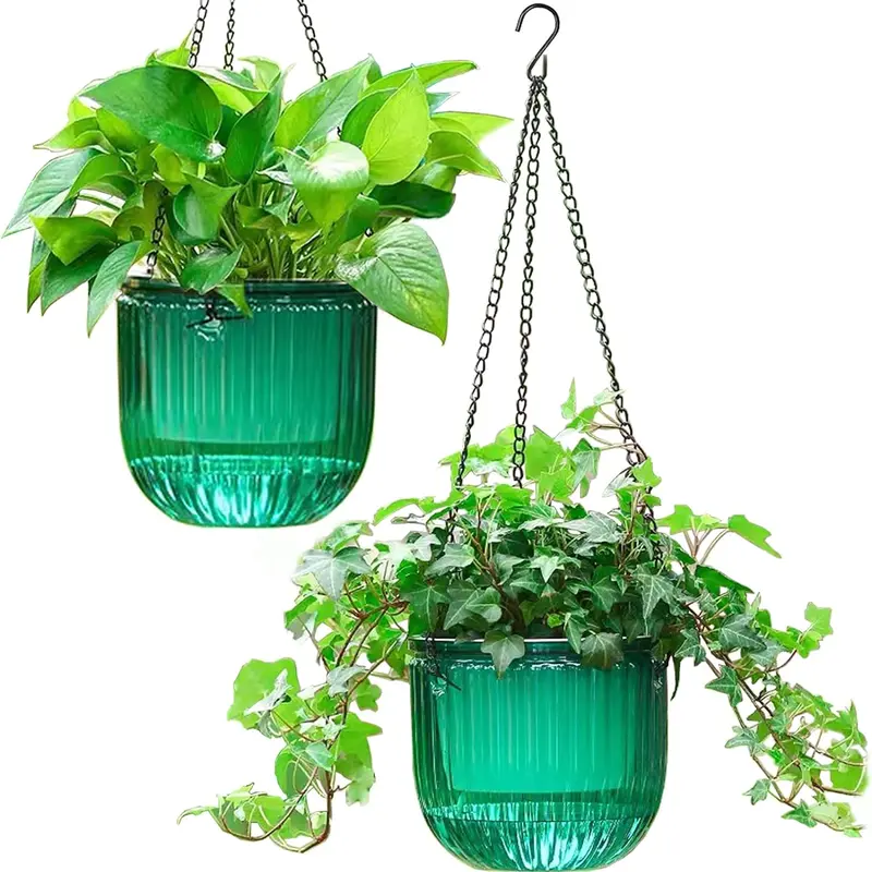 2 Pack Self Watering Hanging Planters Indoor Flower Pots, 6.5 Inch Outdoor Hanging Basket, Plant Hanger with 3Hooks Drainage Holes for Garden Home
