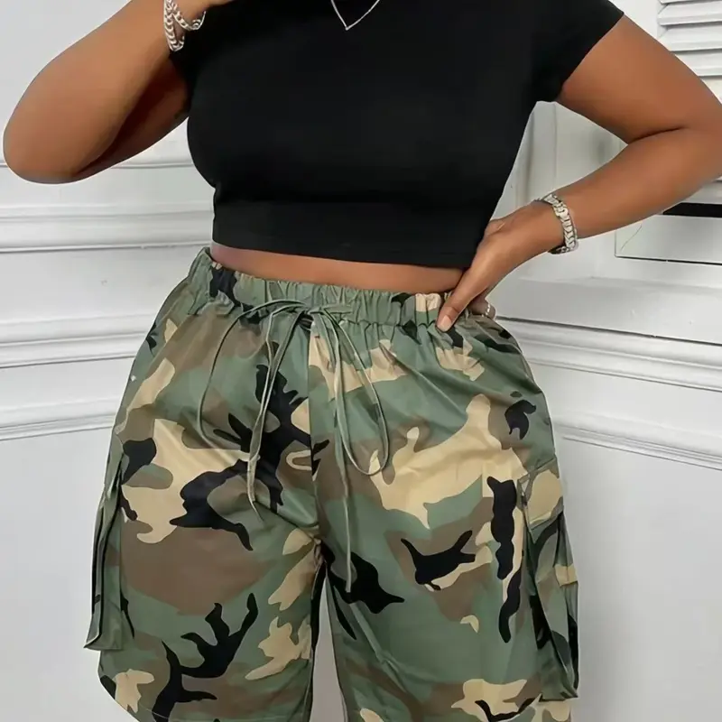 Plus Size Camouflage Workwear Shorts, Womenswear Elastic Waist Drawstring Multi-Pocket Wide Leg Pants, Summer Casual Sports Five-Quarter Pants, Lightweight Athletic Shorts, Breathable Lightweight Shorts, Drawstring Waistband Shorts