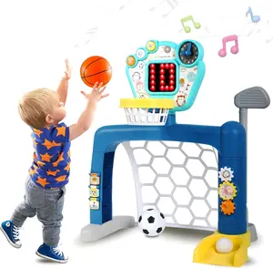Baby Basketball Hoop Activity Center with Soccer Goal & Golf Club, Interactive Early Education Smart Shots Sports Center for Toddlers Age 3-5