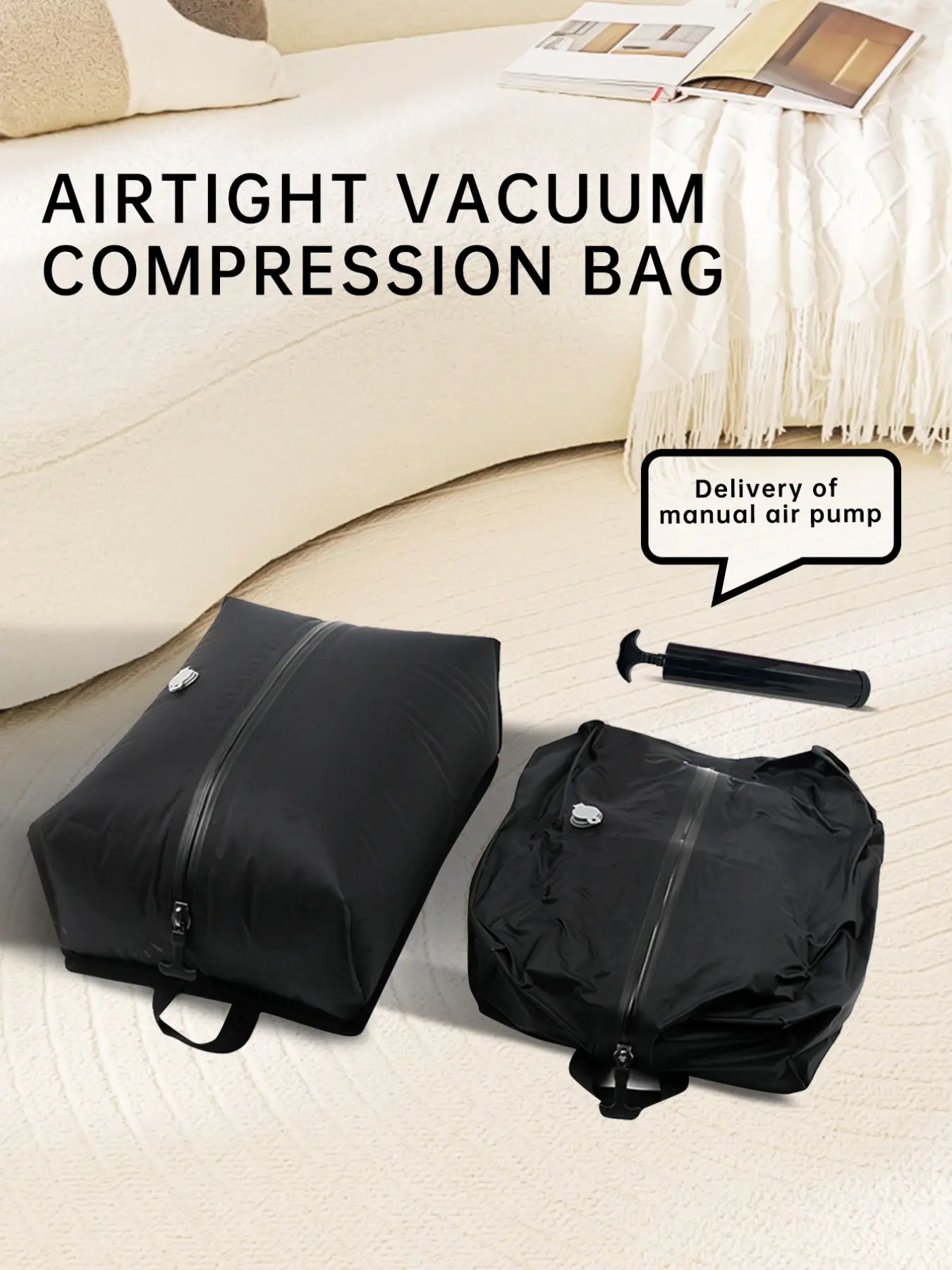 Vacuum Compression Bag, Space Saving with Zipper Seal, Manual Air Pump, Stackable Vacuum Sealed Storage Bags, Travel Organizer Bag for Luggage Backpacks, Travel Clothes Organizer