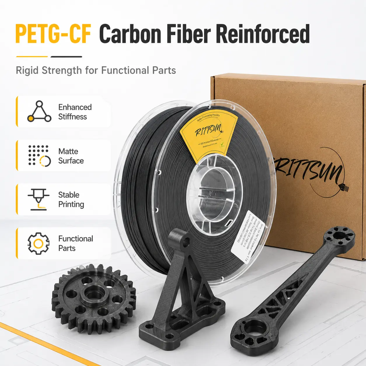 RITTSUN PETG-CF Filament 1.75mm Black, 15% Carbon Fiber Reinforced PETG 3D Printer Filament, Matte Finish, High Stiffness, Dimensional Stability, 1KG Spool, Hardened Nozzle Recommended