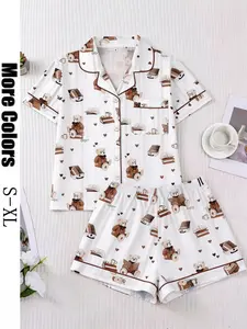 Women's Two-Piece Reading Teddy Bear & Book Print Pajama Set, Short Sleeve Button Front Shirt, Pocket Shorts, Spring Summer Casual Wear