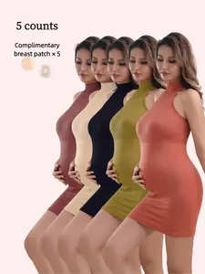 Maternity Solid Color Seamless Bodycon Dress, Casual Round Neck Sleeveless Maternity Dress for Summer, Maternity Clothes for Daily Wear