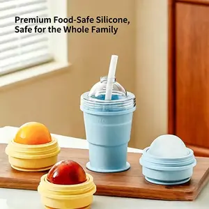 Silicone Collapsible Cup with Dome Ice Mold, Reusable Iced Coffee Tumbler with Straw, Food-Safe Portable Travel Cup for Summer Drinks
