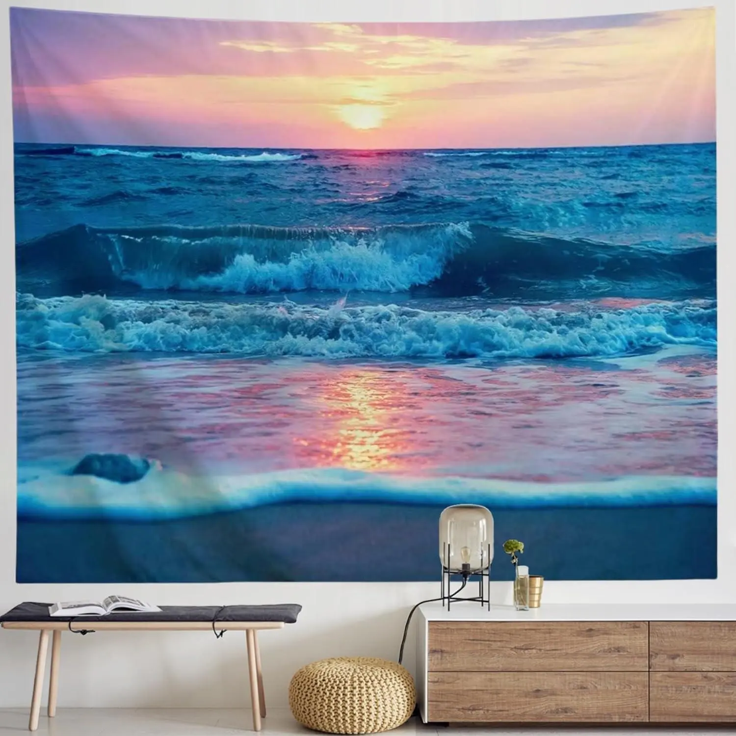 IcosaMro Ocean Tapestry Wall Hanging, Sea Beach Wave Sun Cloud Landscape Scenery Nature Wall Art [Double-Folded Hems] Bohemian Home Decor for Bedroom, Dorm, College, Living Room, 51x60, Blue Gift