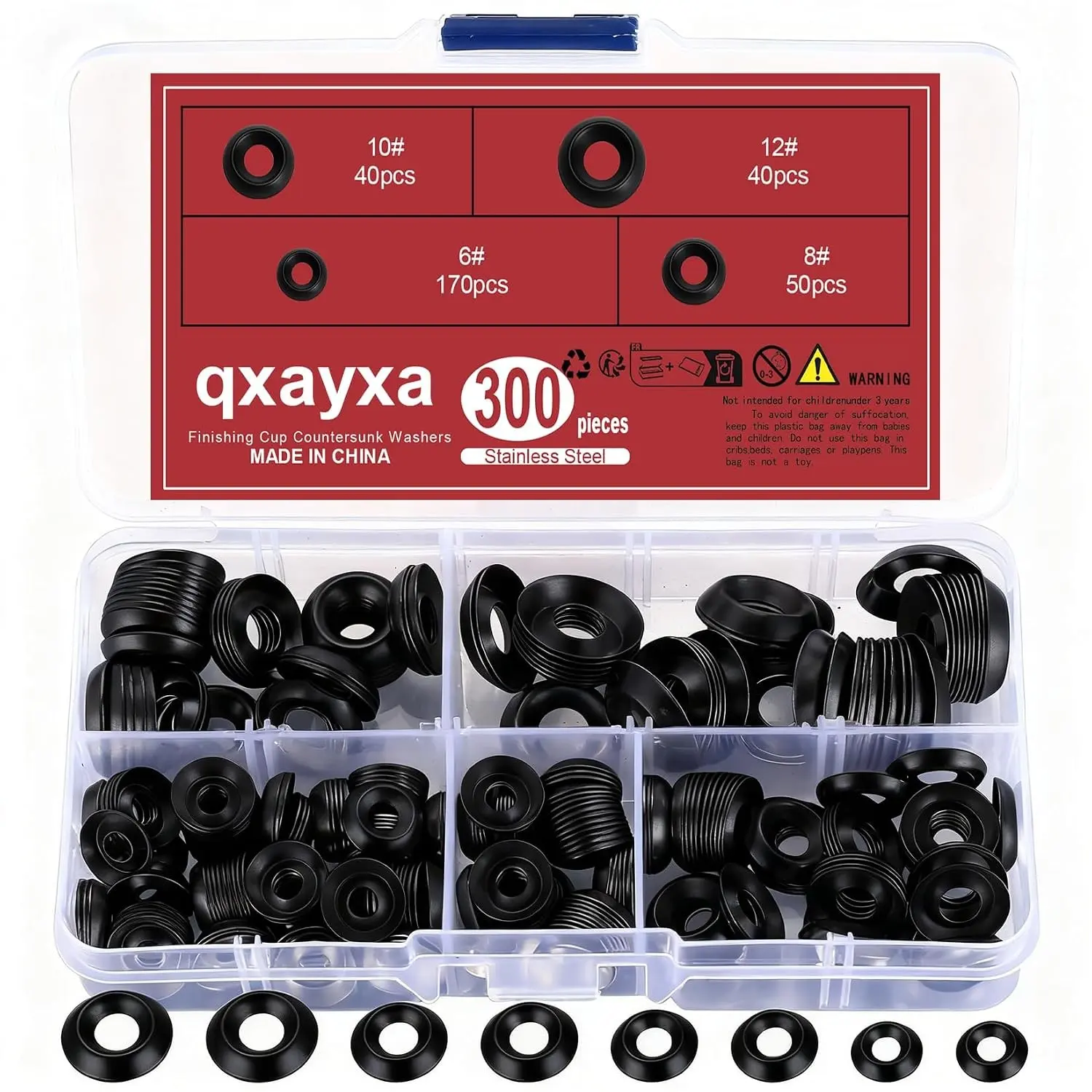 Finishing Washers, Countersunk Washers, 300 Pcs Finish Washers, #6#8#10#12 Black Stainless Steel Cup Countersunk Finish Washers Set, Finishing Cup Countersunk Washer Assortment Kit