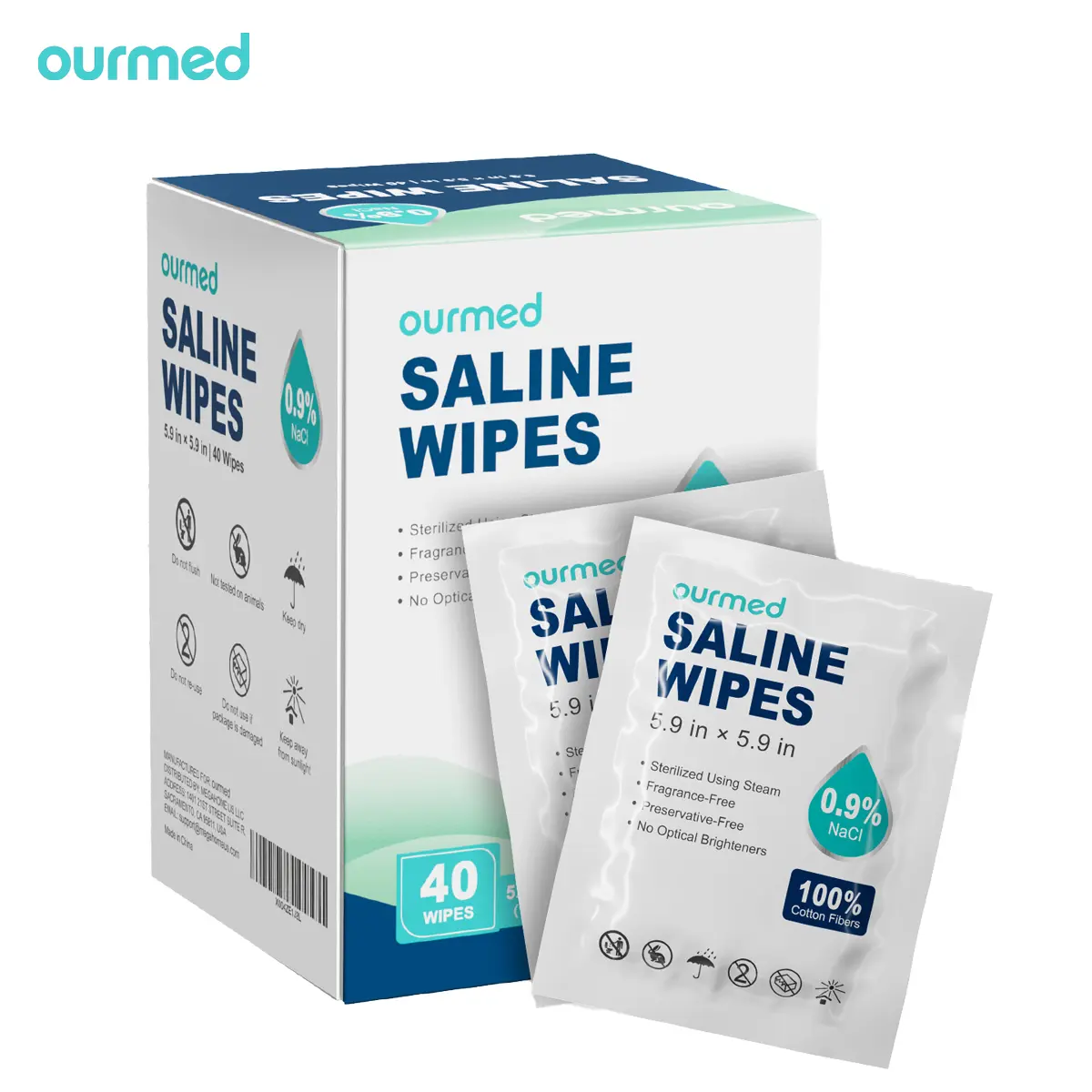 Ourmed Saline Wipes 40 Count, Sterile Unscented Gentle Cotton Wipes for Baby & Kids, Eye Nose Face Care, Hypoallergenic for Sensitive Skin, Piercing Aftercare & Wound Cleansing