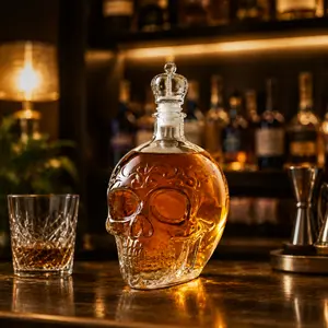 Crown Skull Whiskey Decanter — Gothic-Style Skull-Shaped Glass Bottle (350ml); Dark-Themed Empty Decanter — An Ideal Choice for Home Bar Decor and Gifting