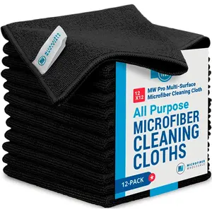 12" x 12" Pro Multi-Surface Microfiber Cleaning Cloths | Black - 12 Pack | Premium Microfiber Towels for Cleaning Glass, Kitchens, Bathrooms, Automotive, Supplies & Products