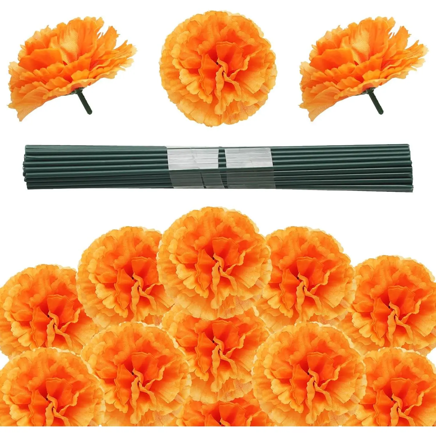 50 count 3.5''Marigold  Artificial Silk Marigold  with Stems Orange Faux  for Day of The , Diwali,Dia de Los Muertos, Halloween Wreath Garland Decors