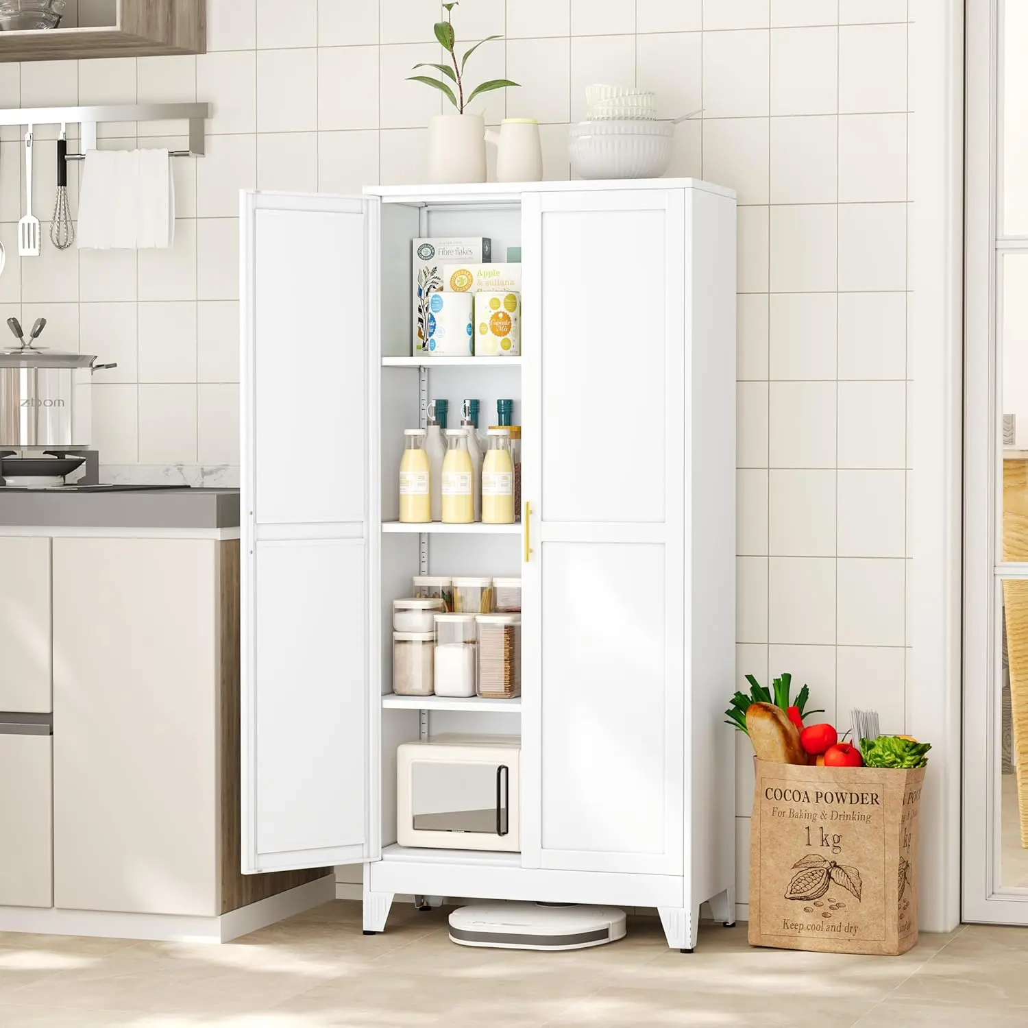 Geitin 47.25" Kitchen Metal Pantry Cabinet with 2 Doors, Adjustable Shelves, Gold Handles, Versatile Storage for Laundry Room,Living Room,Bathroom,Dinning Room