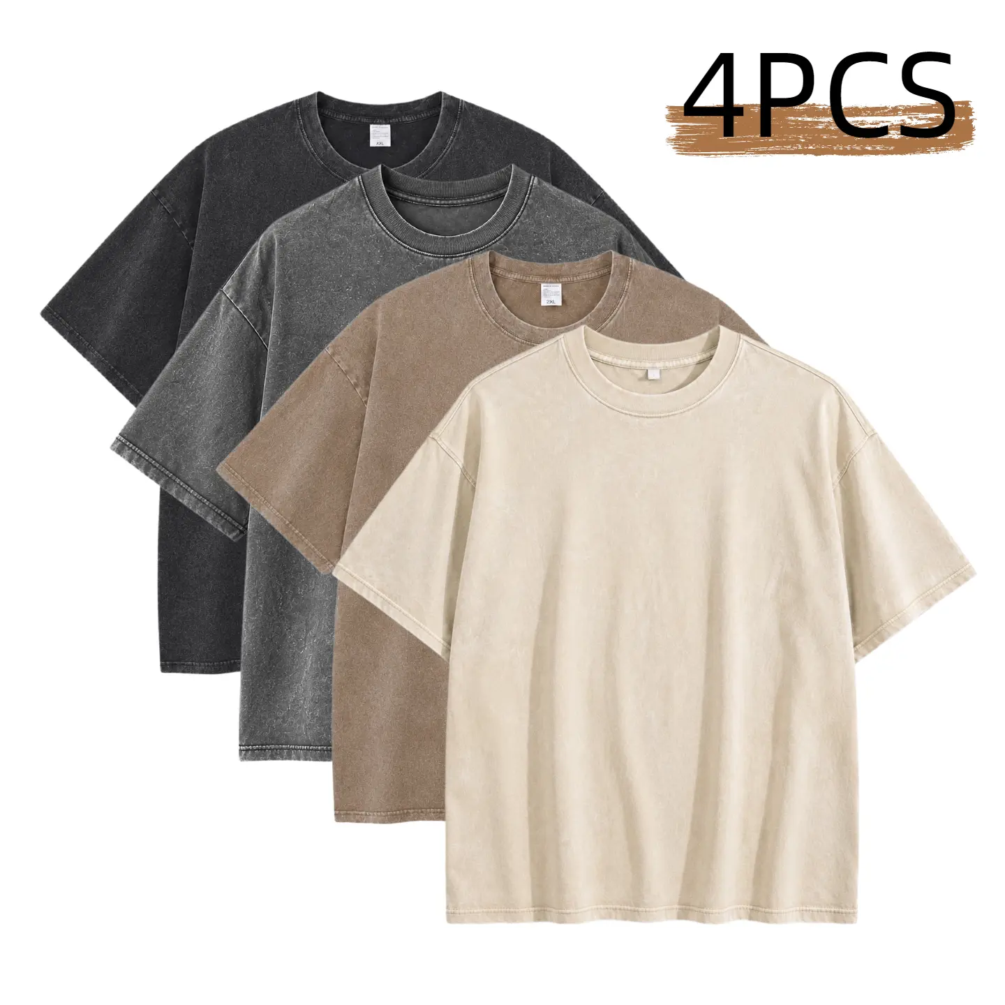 1/4 Pack Acid Wash Tshirts for Men Gym Vintage Heavyweight T Shirts Cotton Workout Acid Wash Loose Fit Tees, Retro Streetwear Menswear Beige Crewneck