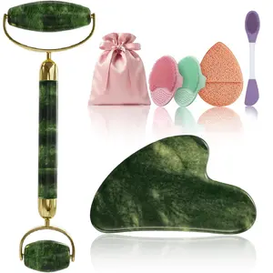 Gua Sha and Face Roller Set: Face Skin Care Tools with Facial Cleansing Brush, 2 Silicone Scrubber Pads & Face Sponge, Travel Bag, Self Care Gift