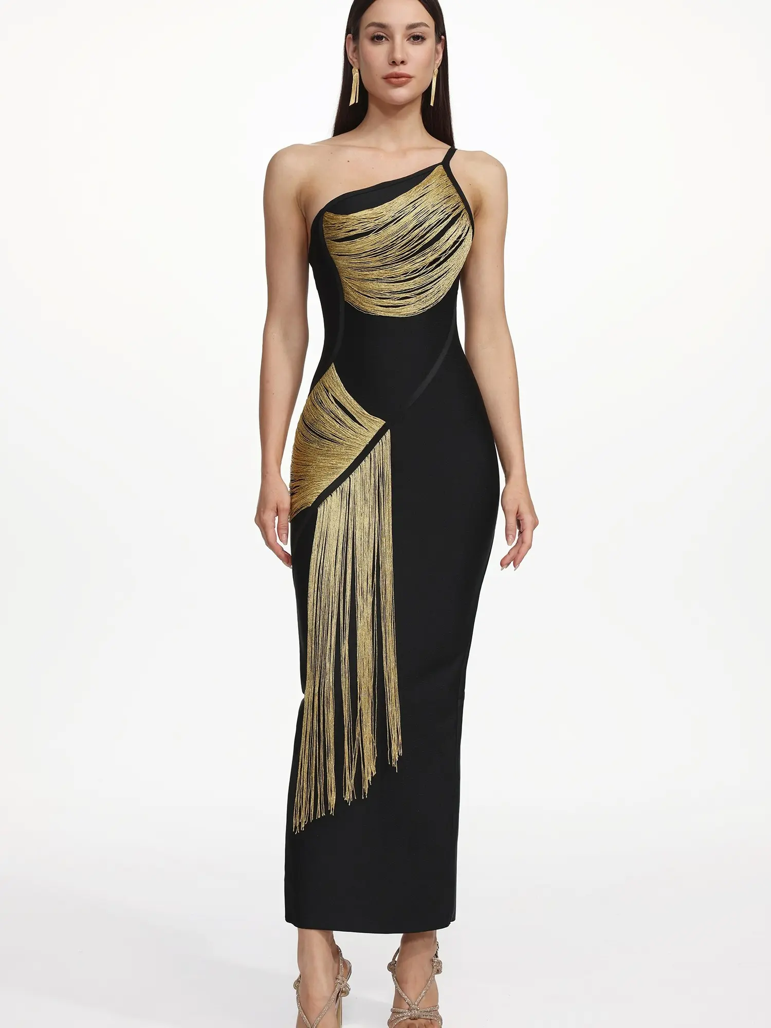 BellaBarnett Roanna One Shoulder Sleeveless Golden Tassels Bandage Maxi Dress