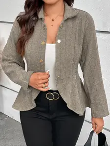 Elegant Plus Size Women's Notched Collar Pleated Feminine Slim Fit Commuter Blazer Jacket, Long Sleeve Herringbone Wool Coat, Waist Cinching Skirt Hem
