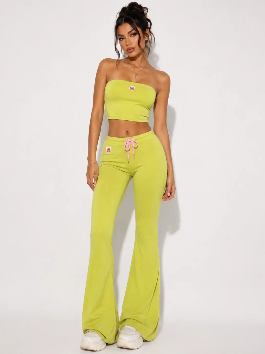 Lime Rush Tube Top & Flare Pant Set Casual Clothes Cropped Fabric