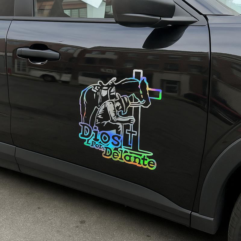 2Pcs Cowboy Dios por Delante Religious Holographic Car Decal - High Definition Waterproof Christian Cross Sticker for Laptops Hardhats Bumpers Helmets Cars & Gear, Texan Cowboy Car Sticker