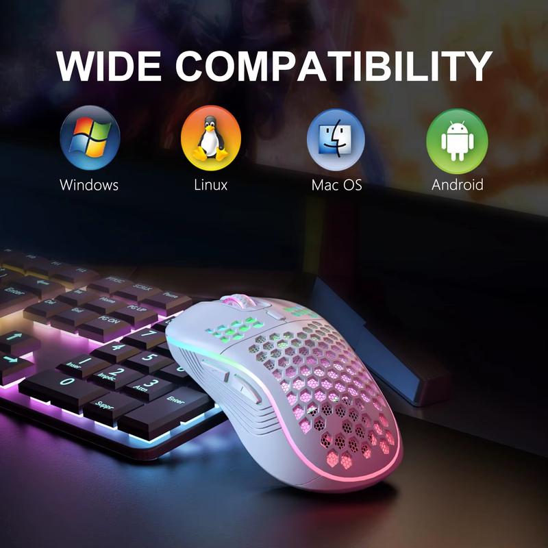 2.4G Wireless Mouse with RGB Backlit 6-Button 3-Speed DPI Type C Rechargeable Ergonomic Honeycomb Design Gaming Mouse SZKOSTON