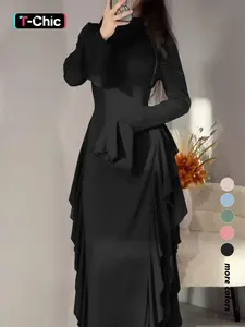 Solid-Color Flare-Sleeve Long Dress with Waist-Cinching Effect, Plain Pattern Slim-Fitting Chic Elegant Formal Holiday Evening Dress for Women, Perfect for Spring and Fall