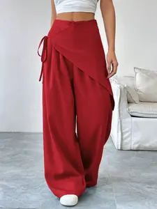 Women's Solid Color Cross-Bound Loose Fit Streetwear Pants, Comfortable and Stylish, Perfect for Daily Wear, Everyday, Fashionable Ladies' Bottoms, Casual Street Trousers