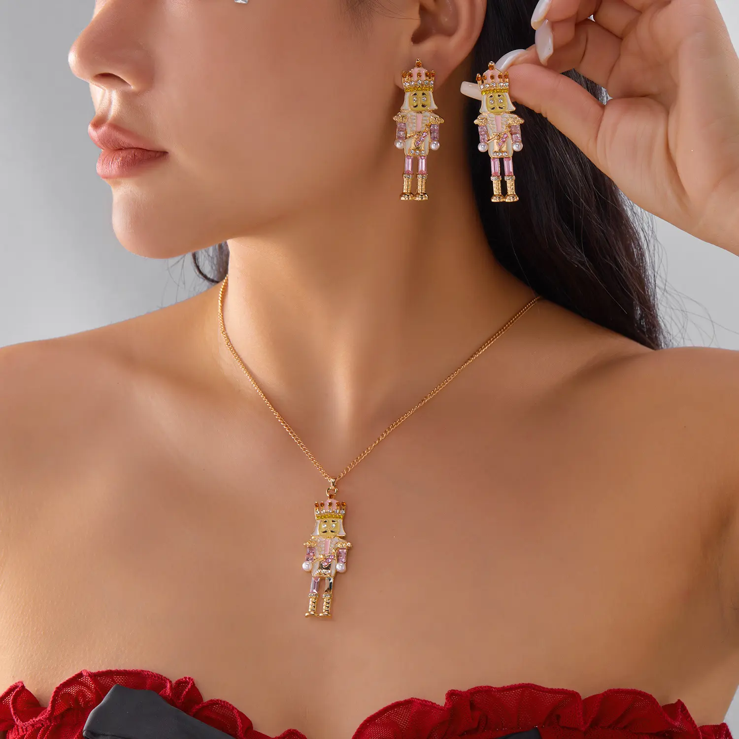 2025 Christmas Trend Rhinestone Nutcracker Soldier Earrings Necklace Fashion Versatile Holiday Trend Jewelry