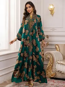 Middle Eastern Muslim Fashion Abaya, V-Neck Embroidered Ethnic Long Sleeve Dress, All Seasons Fitted Glossy Fabric, 103375 Model