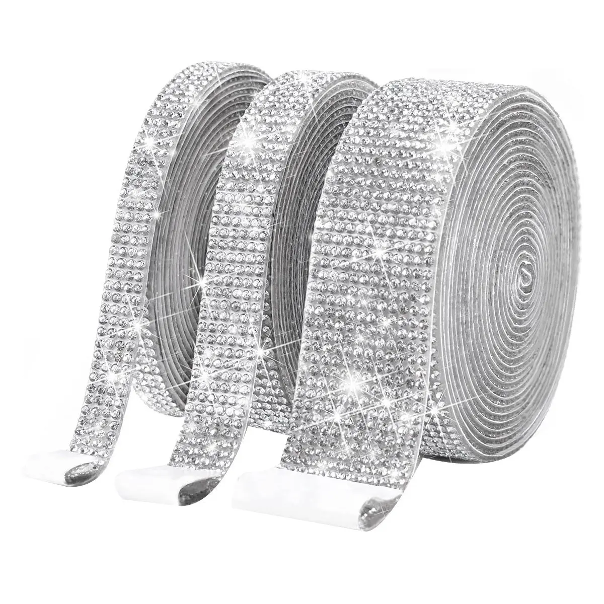 3 Rolls 2mm Self-Adhesive Glitter Rhinestone Decorative Ribbon, Car Body Repair DIY Bling Sticker Wrap Roll, Glitter Rhinestones