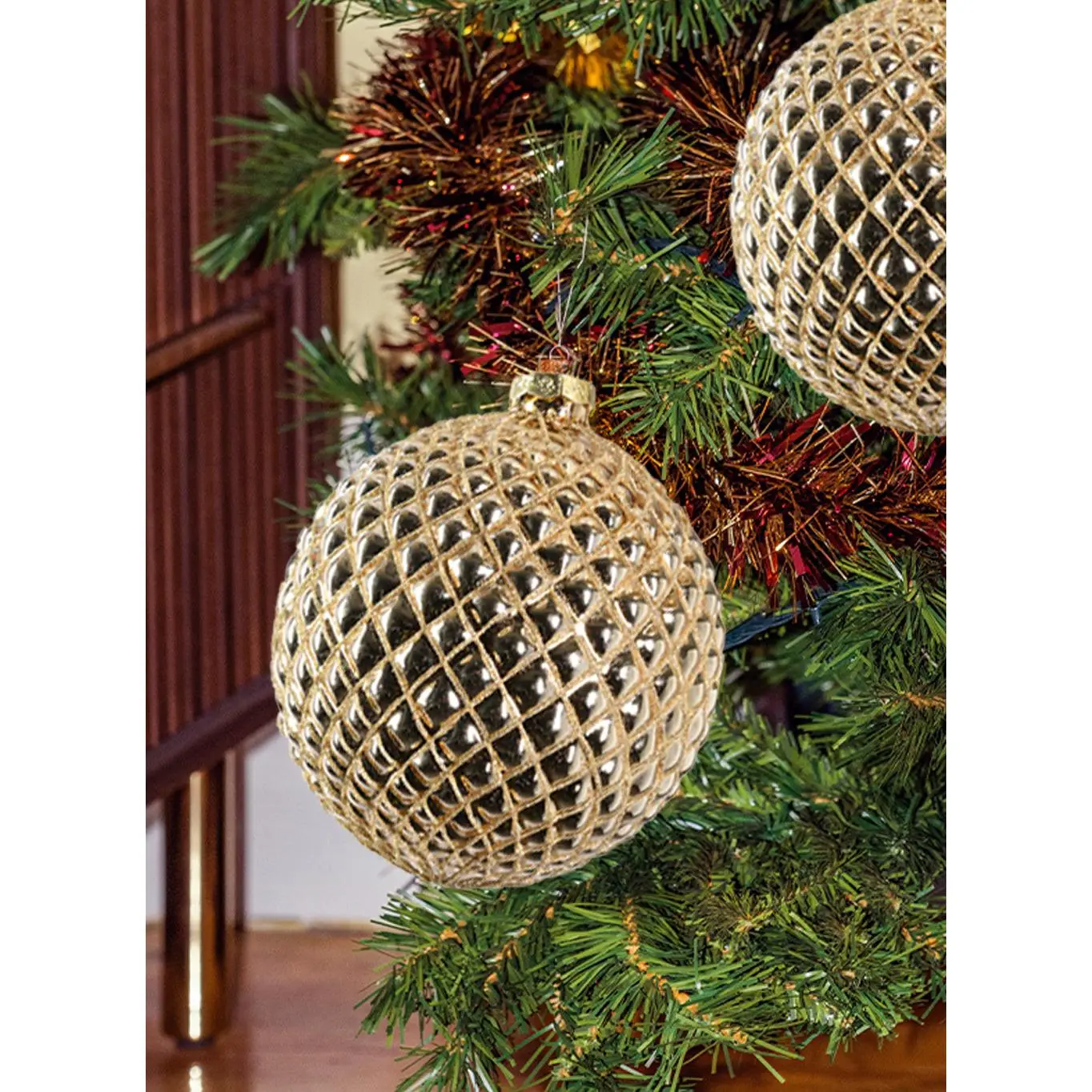 9" Large Quilted Gold Glass Ornaments, Pack of 2