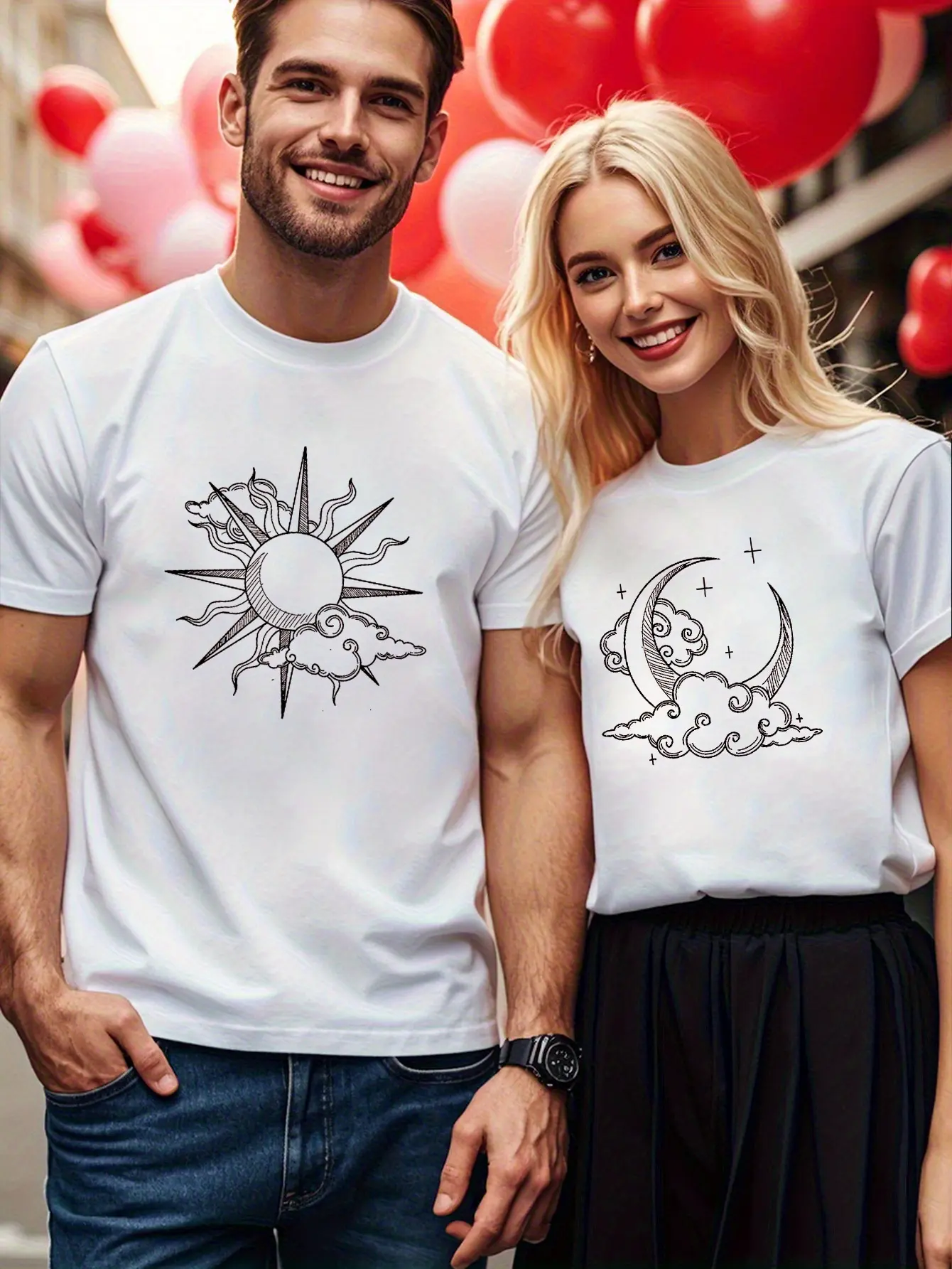 1PC Sun and Moon Matching T-shirt for Couples, Casual Version, Short Sleeve Top, Perfect for Him and Her Valentine's Day or Christmas Gift