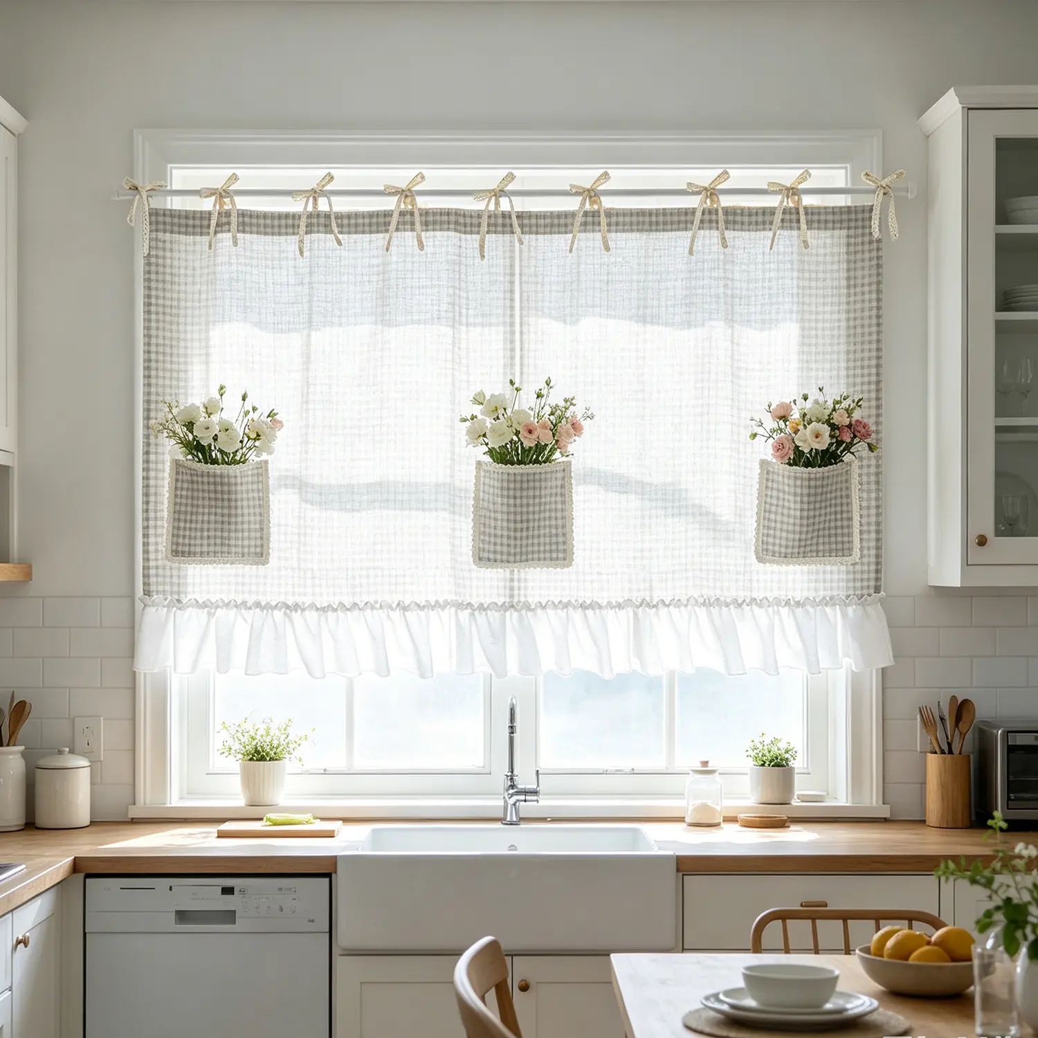 1PC Farmhouse Kitchen Curtain with with Ruffle Trim and Ribbon Ties Gingham Tie Top Oven Skirt Curtain with 2 Pockets for Kitchen Oven Stove and Dishwasher Door Decor,  Plaid Hide Clutter Warm Atmosphere