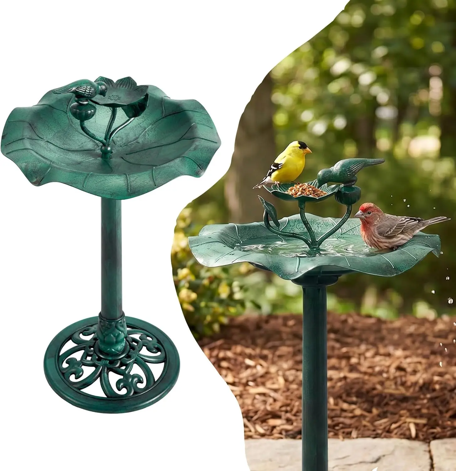 VINGLI Pedestal Bird Bath - 28 in Antique Copper High-Density Resin Birdbath, Outdoor Garden Decor with Floral Accents, Vintage Finish, Durable, Frost Resistant, Weather Resistant, Easy to Assemble, Lightweight Courtyard Accessory (Included Bird Feeder),,