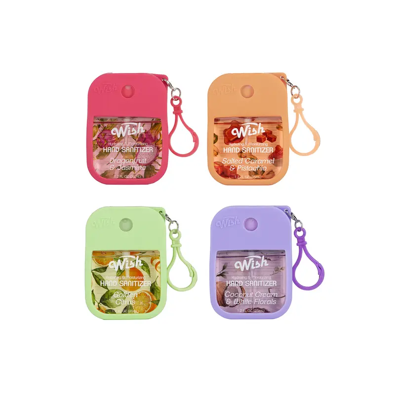 Wish Hydrating Spray Hand Sanitizer WITH CASE & KEY CHAIN - New Popular Fragrances Gentle Handy Moisturize DRAGONFRUIT, SALTED CARAMEL, PISTACHIO, COCONUT CREAM, JASMINE, WHITE FLORALS