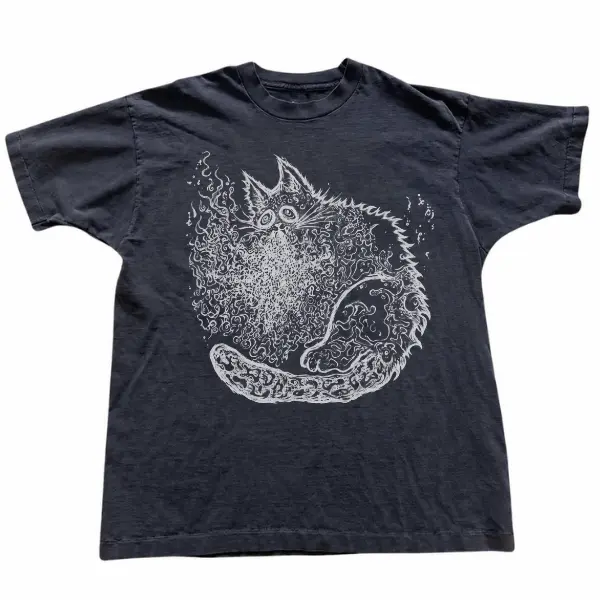 Psychedelic Moon Cat Graphic T-Shirt, Mystical Feline Gothic Tee, Unisex Dark Fantasy Art Shirt, Gift for Occult Cat Lovers