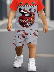 Boys Summer Trendy Short Sleeve Casual Set, Cute Cartoon Car Pattern Print, Comfortable Fashion Shortsleeve, All over Print Design