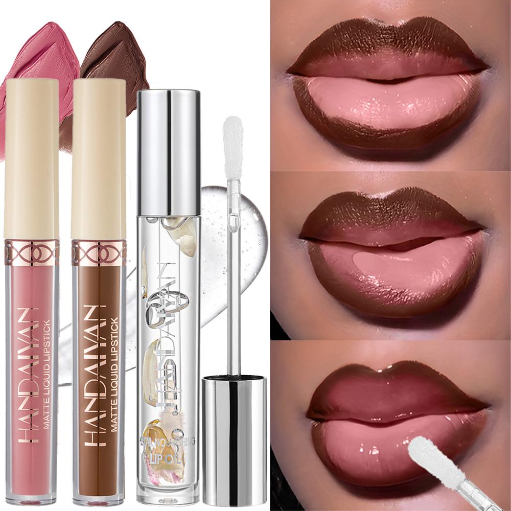 3pcs Matte Lip Gloss & Lip Oil Set - Waterproof Long-Lasting, Non-Stick Velvet Finish, Mixed Shades (Hydrating Matte Lip Liner and Gloss Combo) for Party, Party Festival Christmas Halloween Daily Makeup & Daily Wear, Lip Combo, Assorted Shades Lipstick &