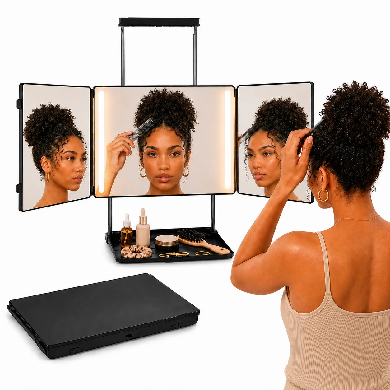 3 Way Mirror with Lights and Shelf,Folding 360 Self Cut Mirror for Men & Women,with Dimmable LED,Rechargeable, Adjustable Hook for Wall/Door/Tabletop,for Haircuts Makeup Braiding Shaving