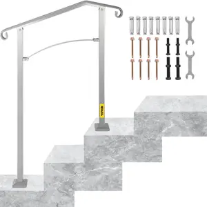 VEVOR Outdoor Stair Railing, Fit 2 3 Steps Alloy Metal Handrailing, Front Porch Flexible Transitional Handrail, Arch Step Rail with Installation Kit, for Concrete Wooden Stairs, Silver