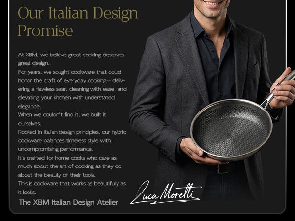 XBM Hybrid Nonstick Frying Pan with Tempered Glass Lid, Tri-Ply Stainless Steel Honeycomb Skillet, Healthy PTFE/PFOA Free Ceramic Coating, Stay-Cool Handle, Induction Ready & Oven Safe