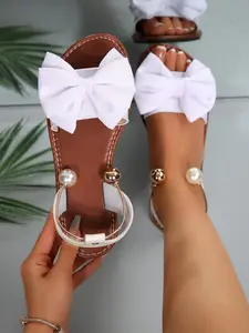 Bow Decorated Metal Bead Flat Sandals, Fashion Wild Style, Vibrant for Party, Shopping, Vacation, Women Seeking Unique Trendy Look