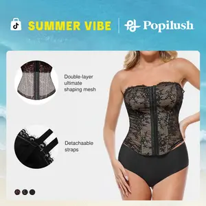 【Runs Small】Popilush Halloween Leopard Sexy Corset Top Bustier with Detachable Strap Lace Up Sculpting Shapewear Waist Cincher Tummy Control & Back Support Black