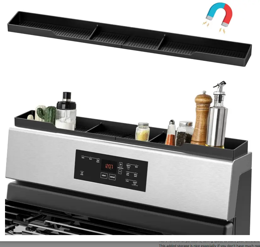 AWOKE Stove Top Shelf 30 Inch - Silicone Material Magnetic Shelf for Stove - 3 Functional Partitions Kitchen Spice Rack Organizer-Black,Kitchen Gadgets Storage Organization