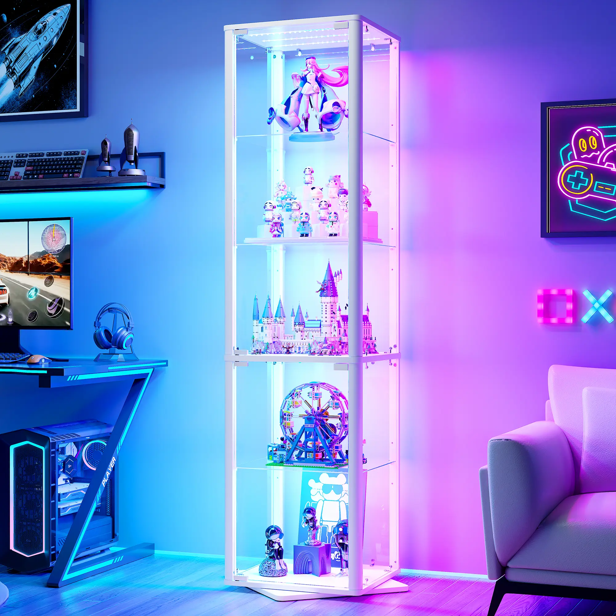 Lvifur 360° Swivel Glass Display Cabinet with RGB Lights, APP Control-White | Motion Sensor Lights, 5-Tier Adjustable Shelves, 4 Sides Clear Tempered Glass, Dynamic & Static Lighting Modes, Gift Choice