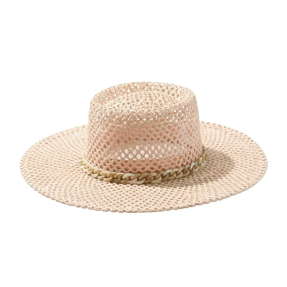 Kendra Scott Marlowe Women's Trendy Straw Hat with Curb Chain Band, Lightweight Casual Design, 4.5" Brim - Light Pink, Casual Trendy Hat