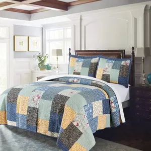 Authentic   Quilt Easy-Clean Contemporary Multi-Patchwork, Embroidery Square Patch Design, Lightweight Soft and Breathability,/ XL 68x90", Blue Oversize Bedspread