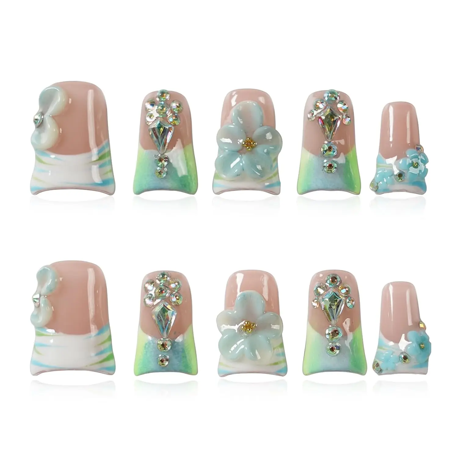 Luxury Press On Nails Handmade Short Duck Nails, Mint Green Ombre French with 3D Floral Charms, Bling Crystal False Nails, Glossy Art Designs Reusable Acrylic