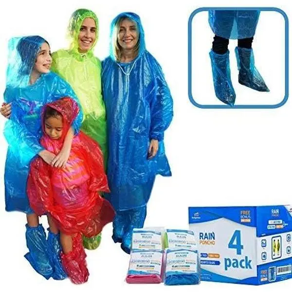 Extra Thick Family Pack Rain Ponchos with Included Shoe Covers, 4 or 10 Pack, Waterproof Rainproof for Rainy Days Outdoor Use