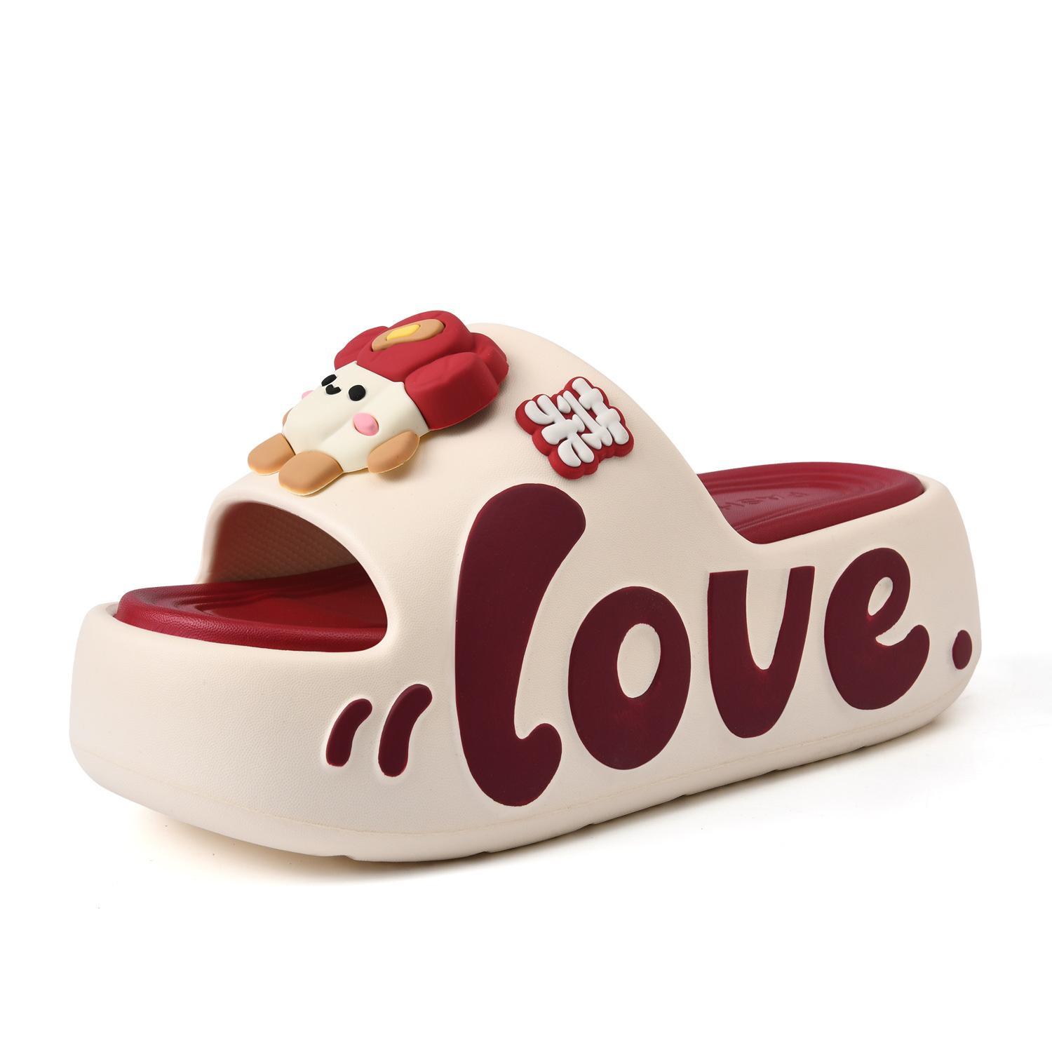 Cartoon Puppy Thick-Soled Slide Sandals, Off-White with Color Contrast, “LOVE” Letter Design, Cute 3D Decorations, Women’s Slides for Home and Outdoor Wear