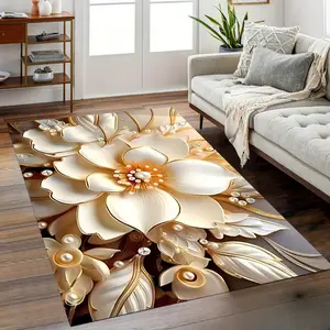 Luxury Gold Pearl Flower Large Area Soft Diatomite Floor Mat Soft Diatomite Material Quick-Dry Floor Mat with Stunning Hyper-realistic 3D Three-dimensional Luxury Flower Design Suitable for Laundry Rooms, Bathrooms, Kitchens, Living Rooms and Corridors
