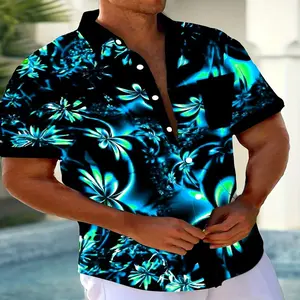 Men'S Hawaiian Gradient Art Floral 3D Print Short Sleeve Shirt with Pocket, Polyester 100%, Vacation Style, Lapel Collar, Regular Fit, Summer Season, Woven Fabric, 120g/m² - Adult, Plus Size